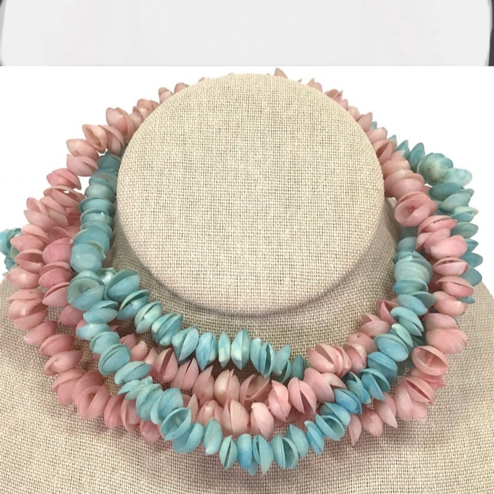 Vintage dyed‎ rose & skyblue shell & celluloid chain necklace